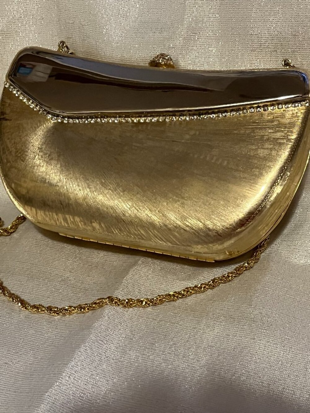 VTG Le-Ann Gold/Chrome Metallic Clutch, Purse Rhinestones, Long Strap Classy